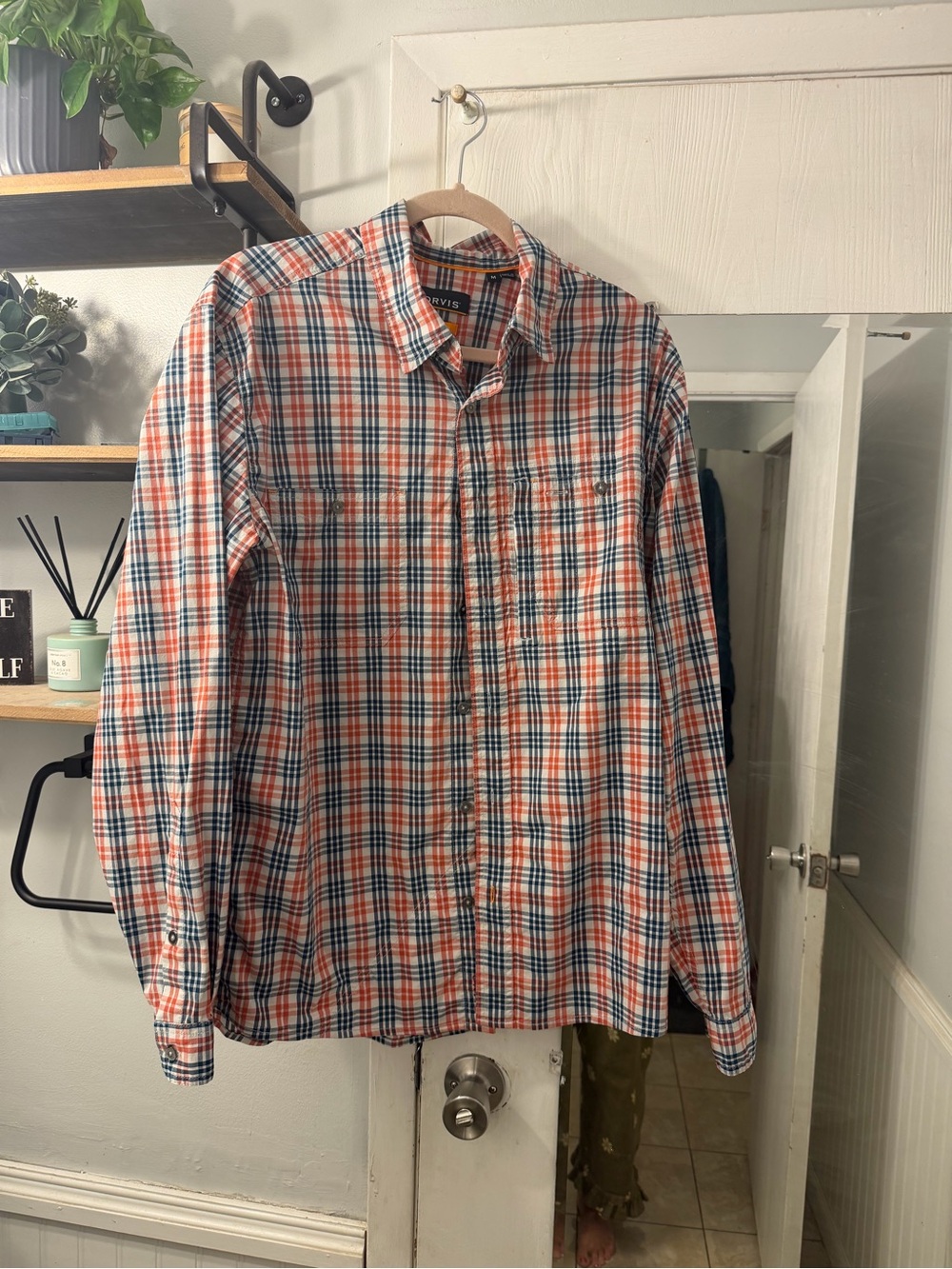 Orvis Orange and Blue Plaid Button-Down Shirt